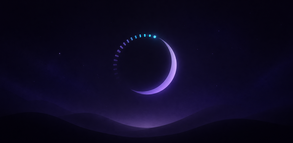 Indigo timer arc fading into a crescent moon over a quiet midnight landscape