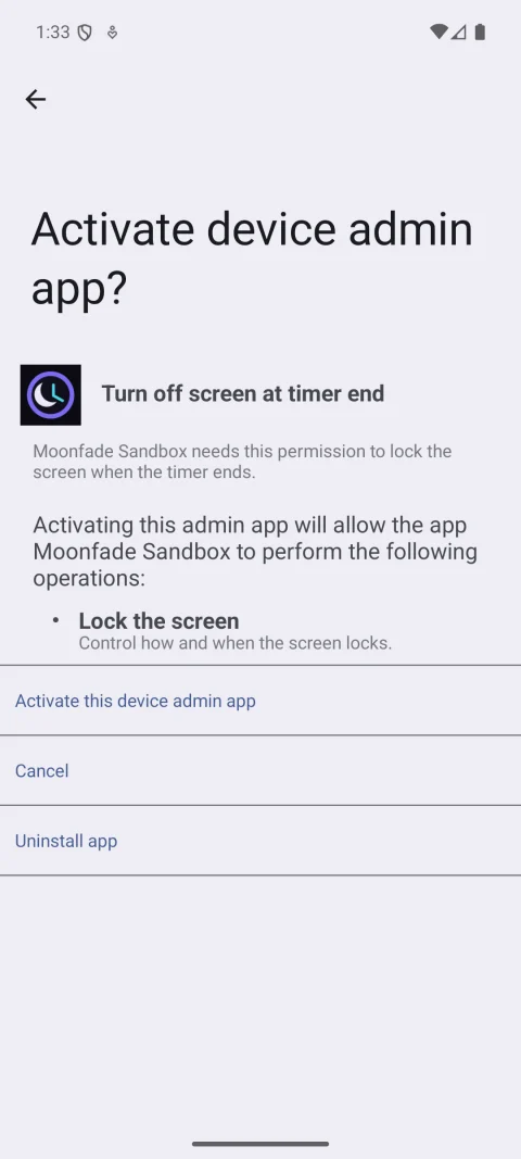 Android Device Admin screen for Moonfade Sandbox showing Lock the screen and Activate this device admin app
