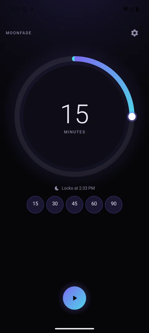 Moonfade timer setup with the 15-minute preset selected, duration dial, five presets, and Start