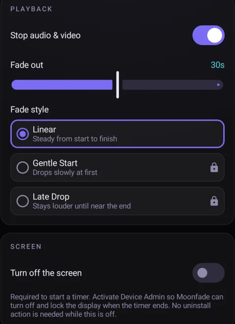 Verified Moonfade playback settings with Stop audio & video on, Fade out set to 30 seconds, Linear selected, and screen-lock activation instructions