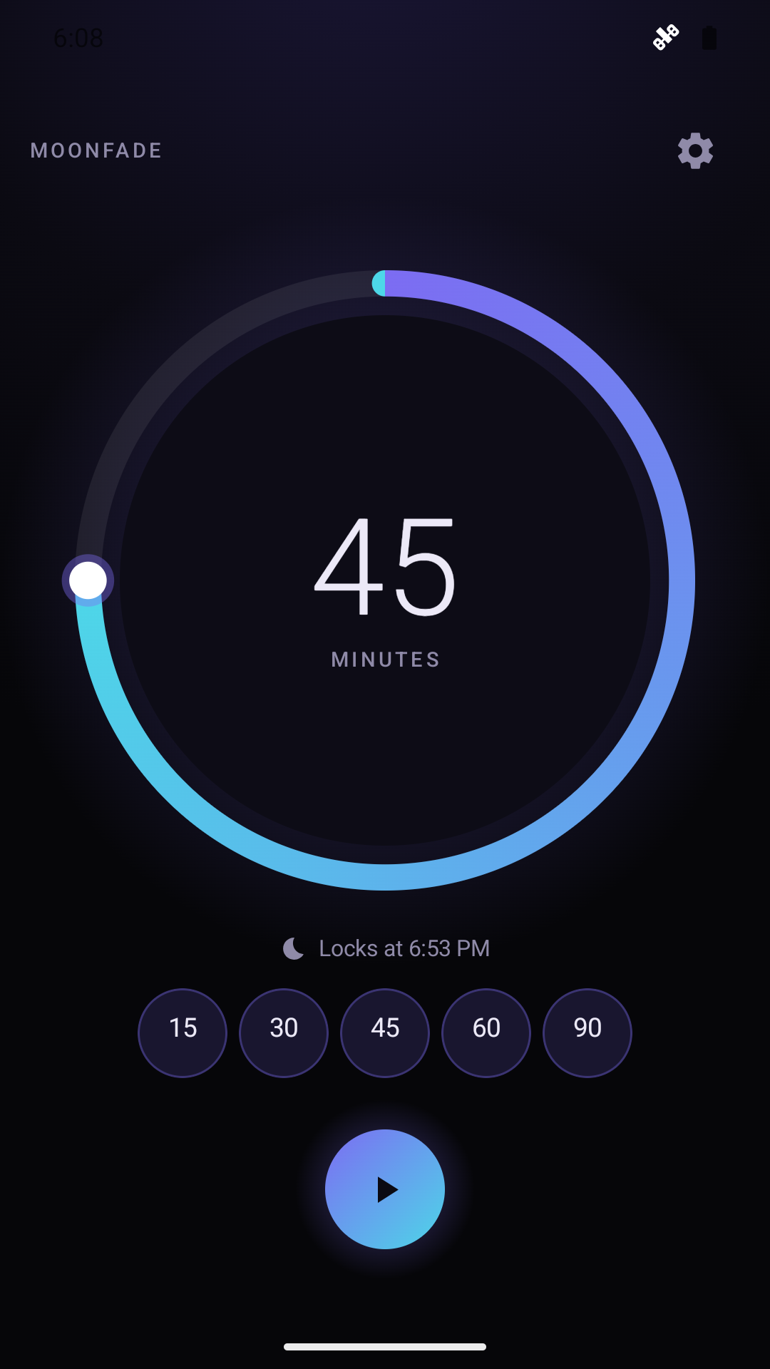 Moonfade sleep timer with a circular duration dial and five quick presets